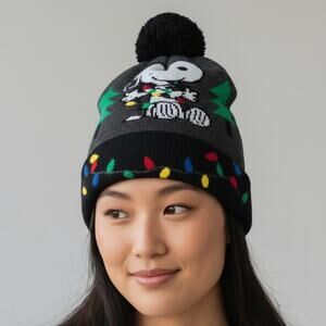 Peanuts Snoopy Christmas Lights Pom Pom Knit Hat Unisex OS Black Multi Cozy